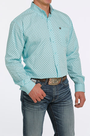 CINCH Men's Aqua and Brown Square Print Button-Down Western Shirt