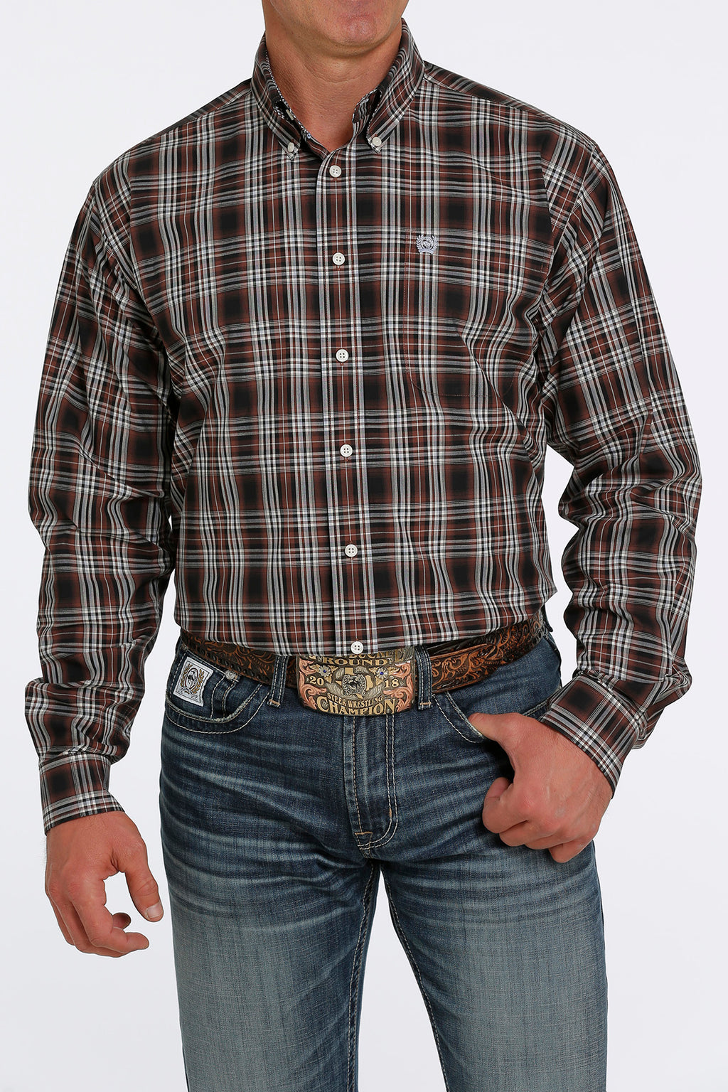 CINCH Men's Brown Plaid Button-Down Western Shirt