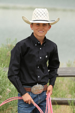 CINCH Boy's Long Sleeve Solid Black Button-Down Western Shirt