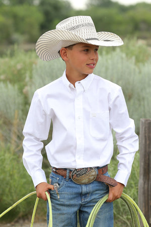 CINCH Boy's Long Sleeve Solid White Button-Down Western Shirt