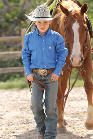 CINCH Boy's Long Sleeve Solid Blue Button-Down Western Shirt