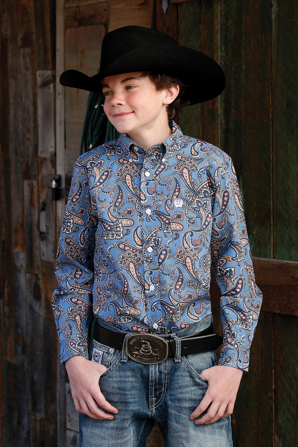 CINCH Boy's "Match Dad" Blue, White and Orange Paisley Print Button-Down Western Shirt