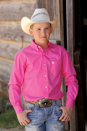 CINCH Boy's Long Sleeve Solid Pink Button-Down Western Shirt